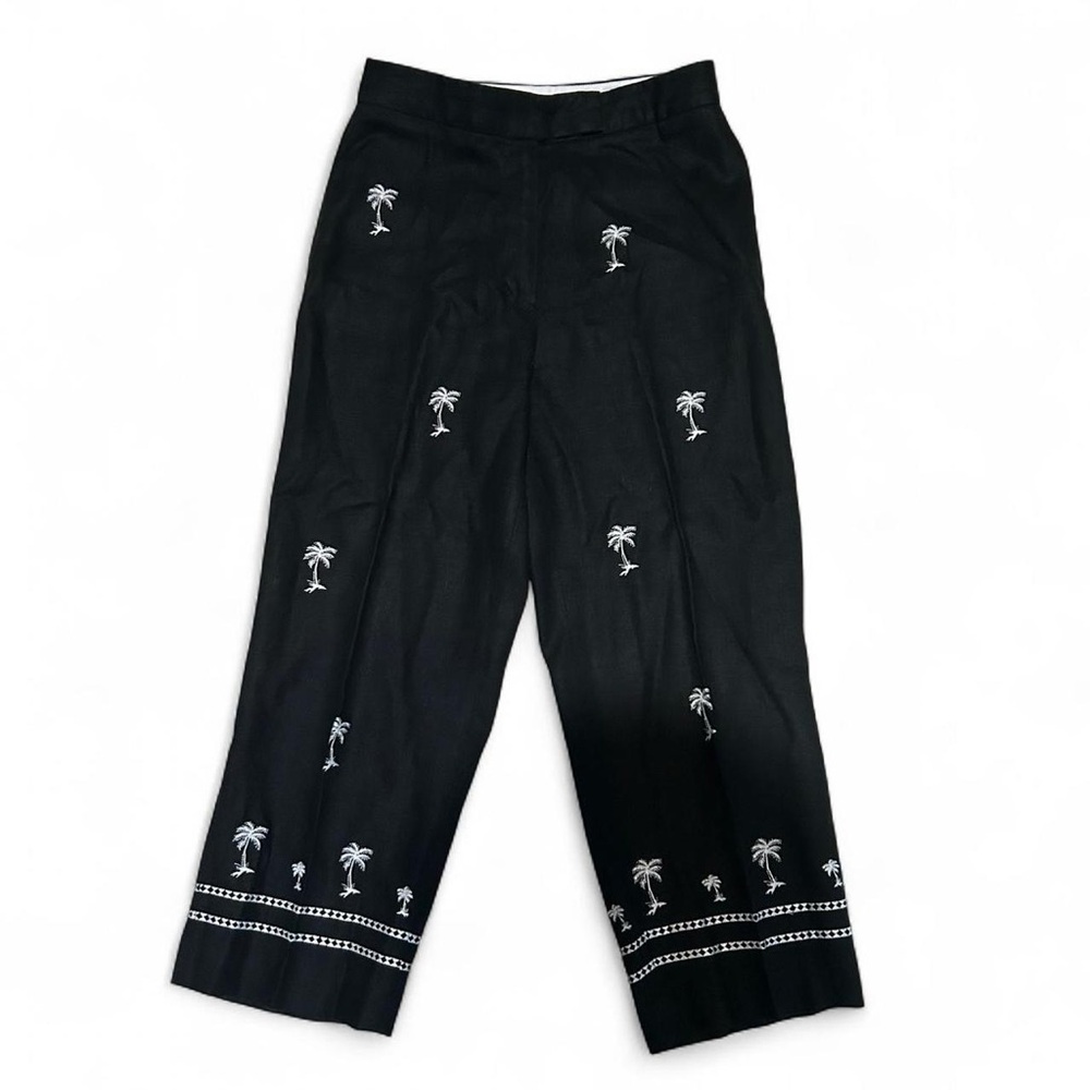 Women’s Black Linen Chino Pants with‎ Embroidered White Palm Trees
